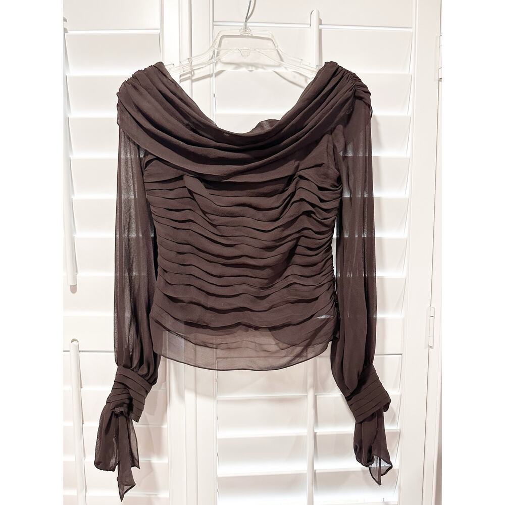 Vintage Lillie Rubin 100% Silk Ruched Blouse Off Shoulder Chocolate Brown Size 4 - Picture 2 of 13
